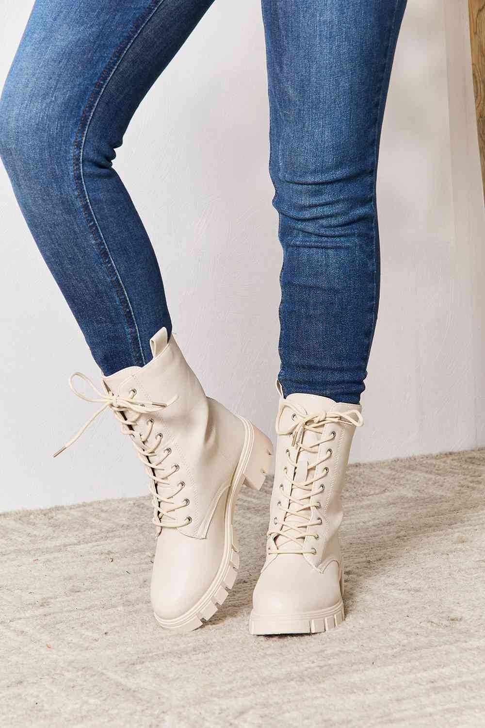 East Lion Corp Zip Back Lace-up Front Stone Cream Chunky Thick Sole Ankle Combat Boots