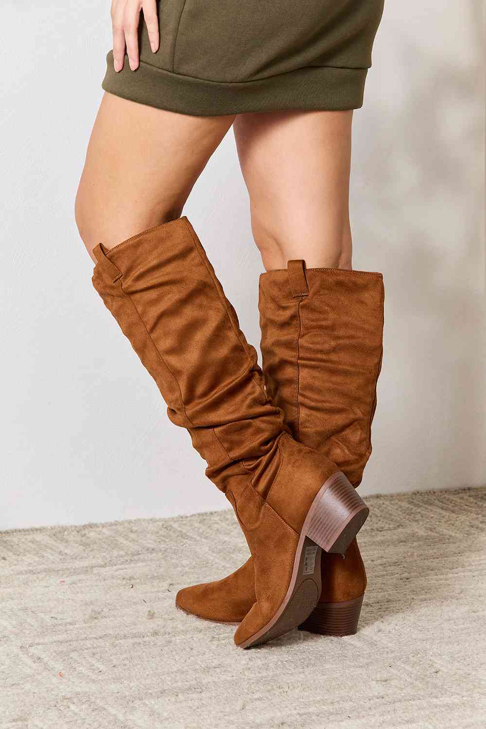 East Lion Corp Knee High Boots Scrunchie Tan Chestnut Block Heel Boots