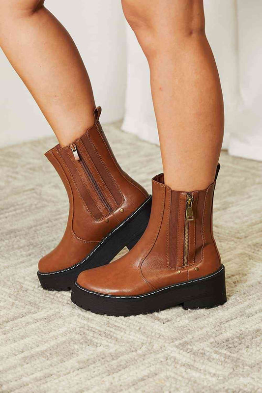 Forever Link Side Zip Platform Chunky Thick Sole Chestnut Brown Moto Bootie Boots