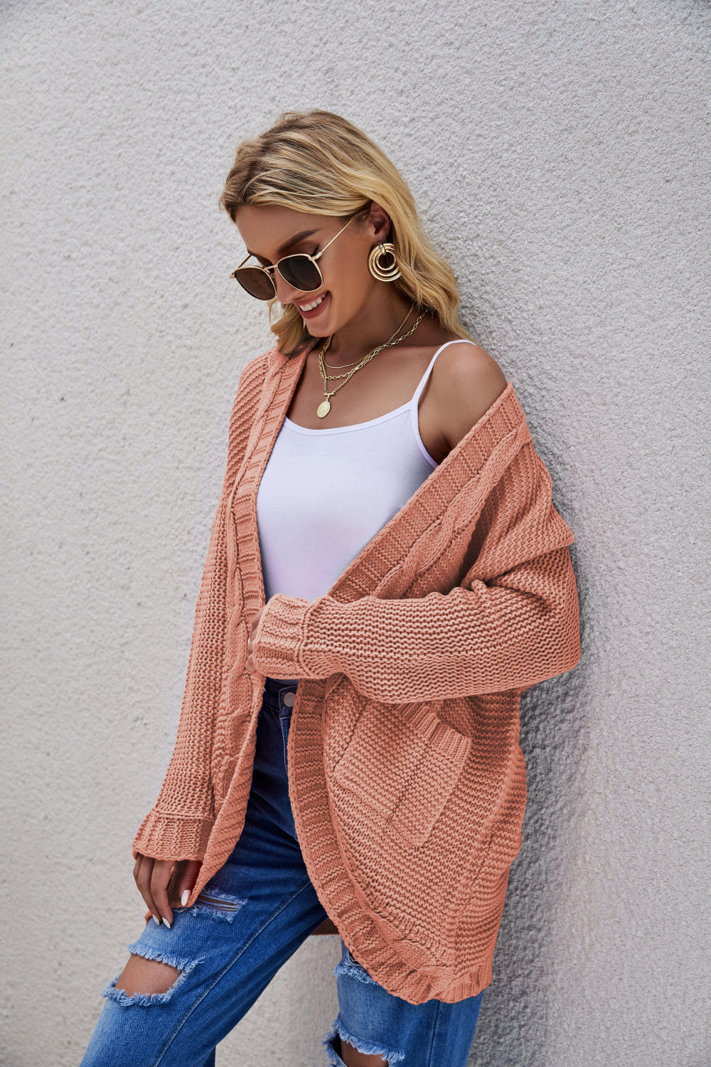 White Label Cable-Knit Curved Hem Open Front Cardigan Sweater Ribbed Trim in Various Colors