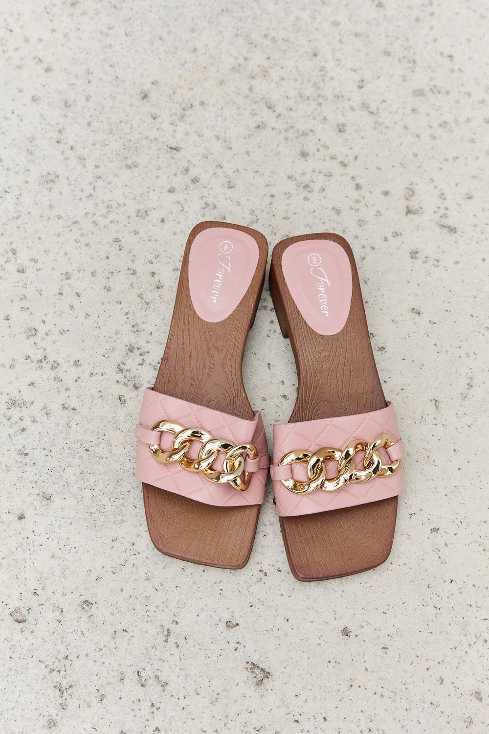 Forever Link Square Toe Gold Tone Chain Detail Clog Slide On Slip In Sandals in Blush