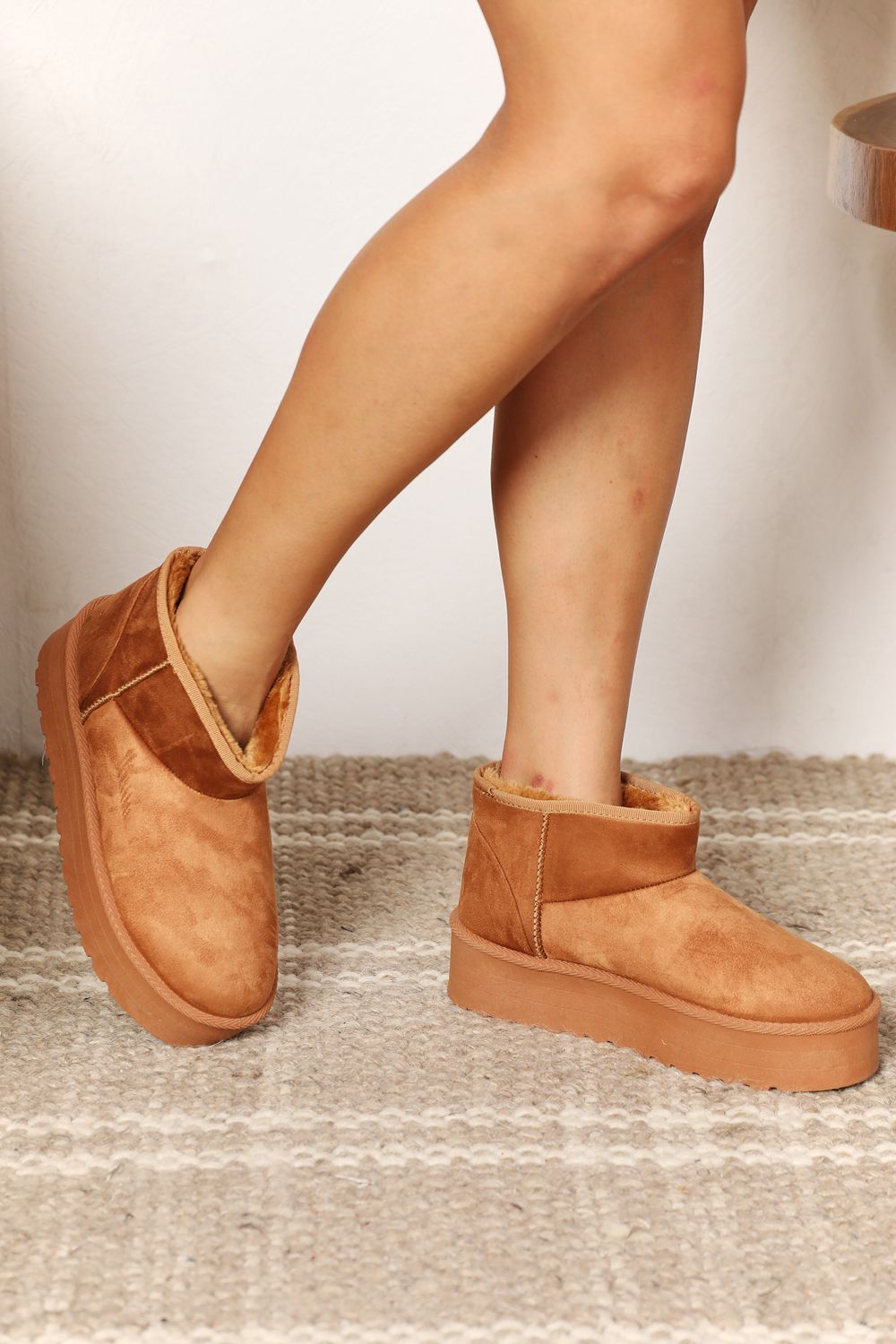 Legend Platform Fleece Lined Chunky Thick Sole Mini Ankle Bootie Camel Tan Boots