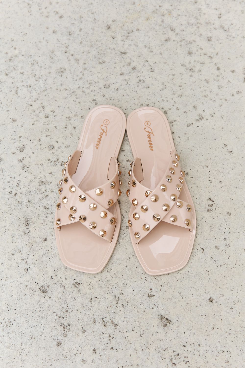 Forever Link Studded Cross Strap Slide On Slip In Flat Sandals in Light Apricot Color