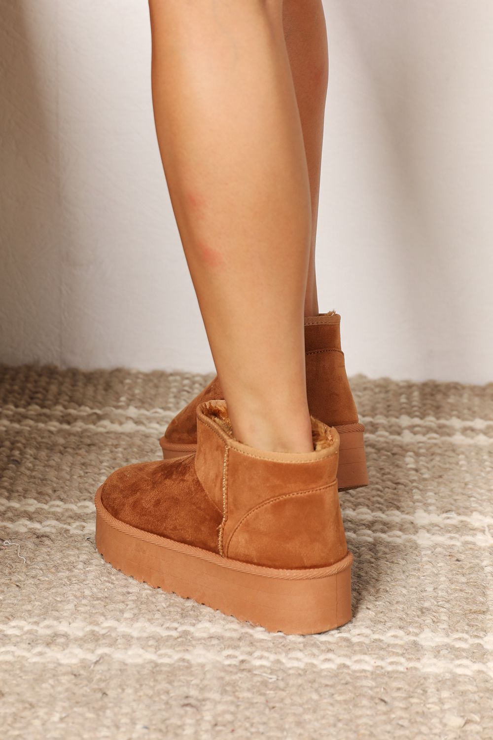 Legend Platform Fleece Lined Chunky Thick Sole Mini Ankle Bootie Camel Tan Boots
