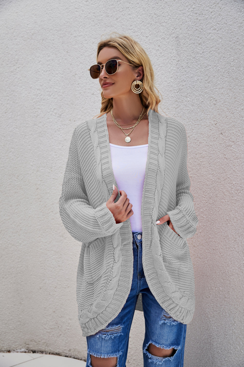 White Label Cable-Knit Curved Hem Open Front Cardigan Sweater Ribbed Trim in Various Colors