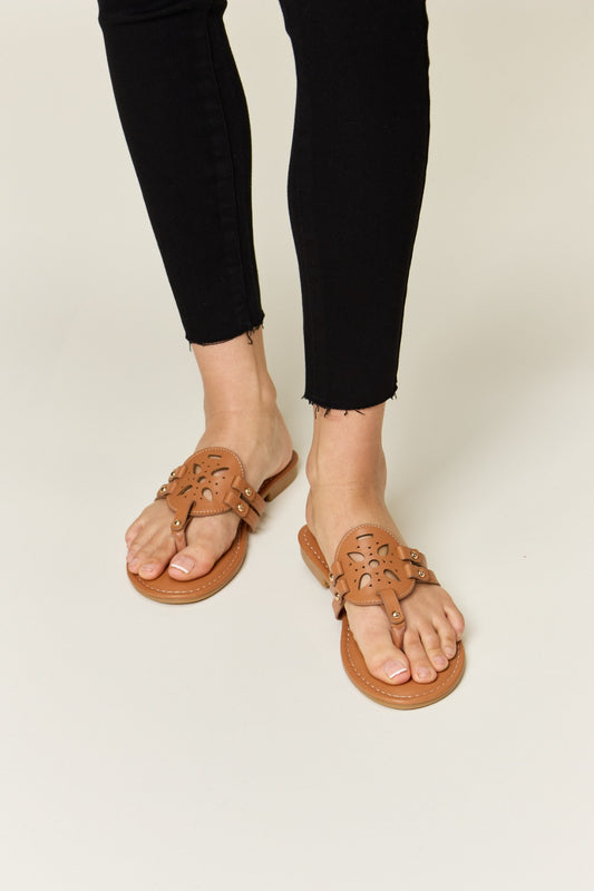 Forever Link Cutout PU Leather Slide On Tan Open Toe Flat Sandals