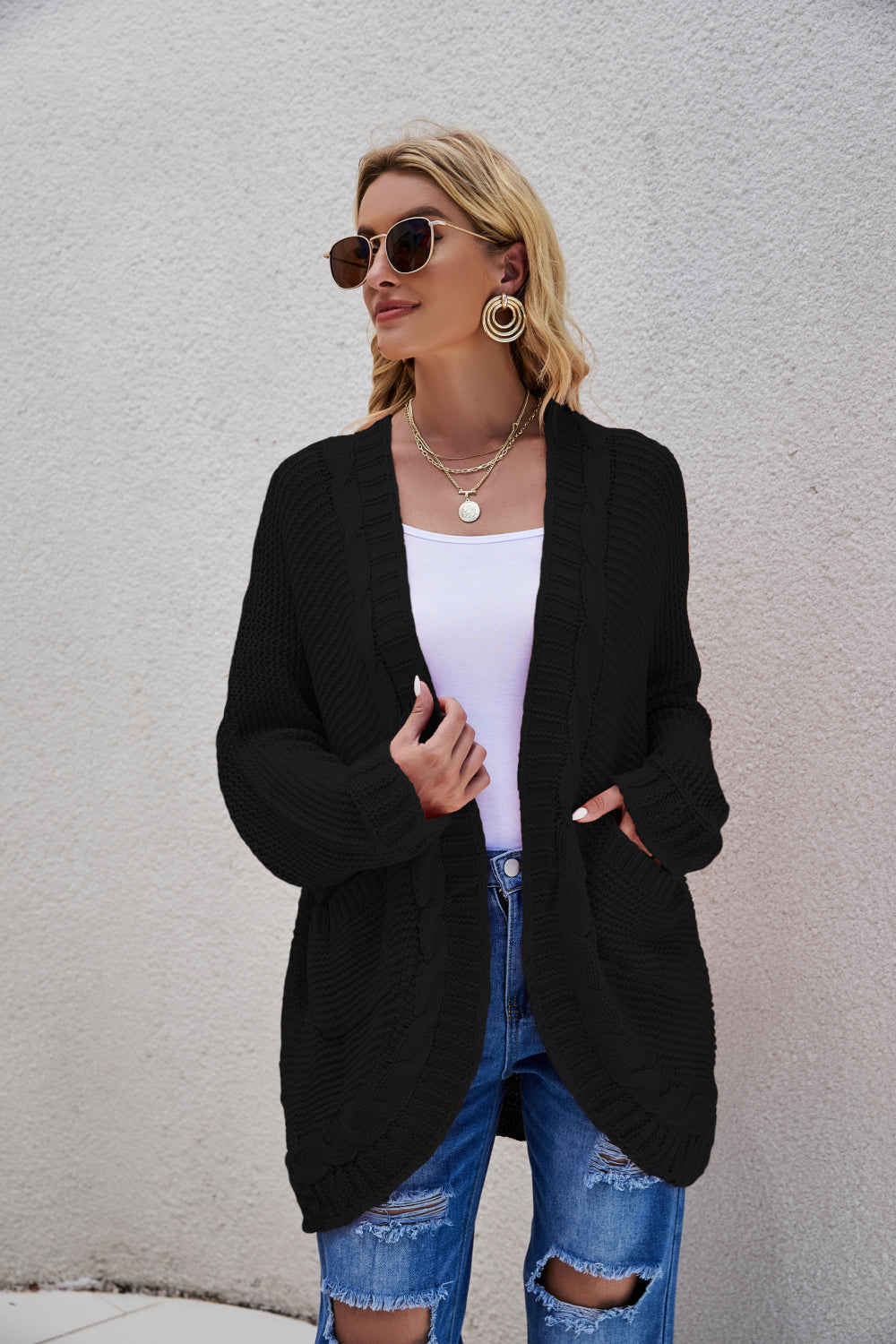 White Label Cable-Knit Curved Hem Open Front Cardigan Sweater Ribbed Trim in Various Colors