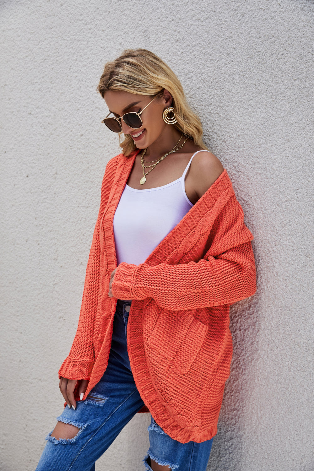 White Label Cable-Knit Curved Hem Open Front Cardigan Sweater Ribbed Trim in Various Colors