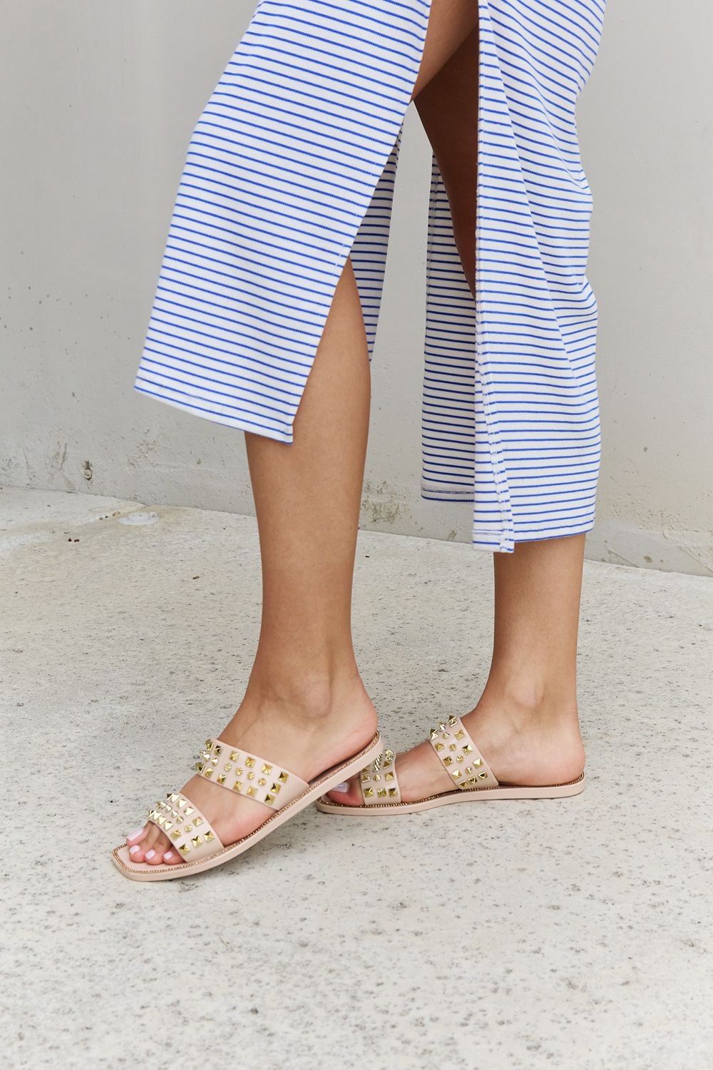 Forever Link Studded Double Strap Slide On Slip In Flat Jelly Sandals Nude Color