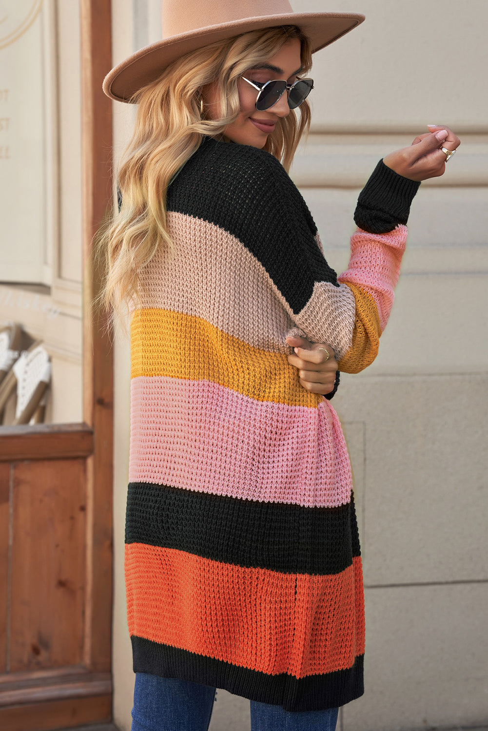 White Label Striped Waffle Knit Open Front Multicolored Lightweight Comfy Cardigan Orange, Black, Yellow, Tan, Pink Multicolor