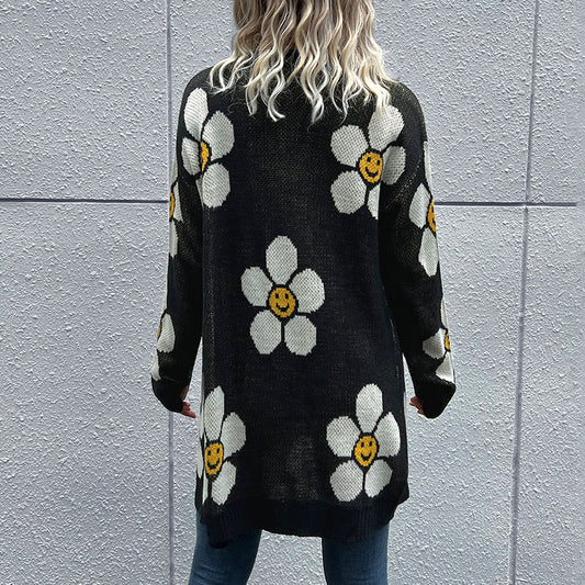 White Label Smiley Happy Face Floral Daisy Button Down Longline Black Knit Cardigan
