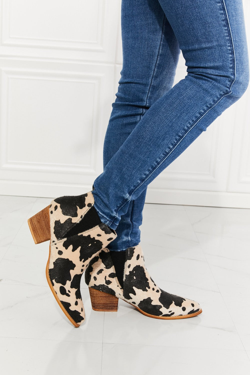 MMShoes Stacked Heel Cowboy Style Pointy Toe Ankle Bootie Boots Beige Cow Print Back At It