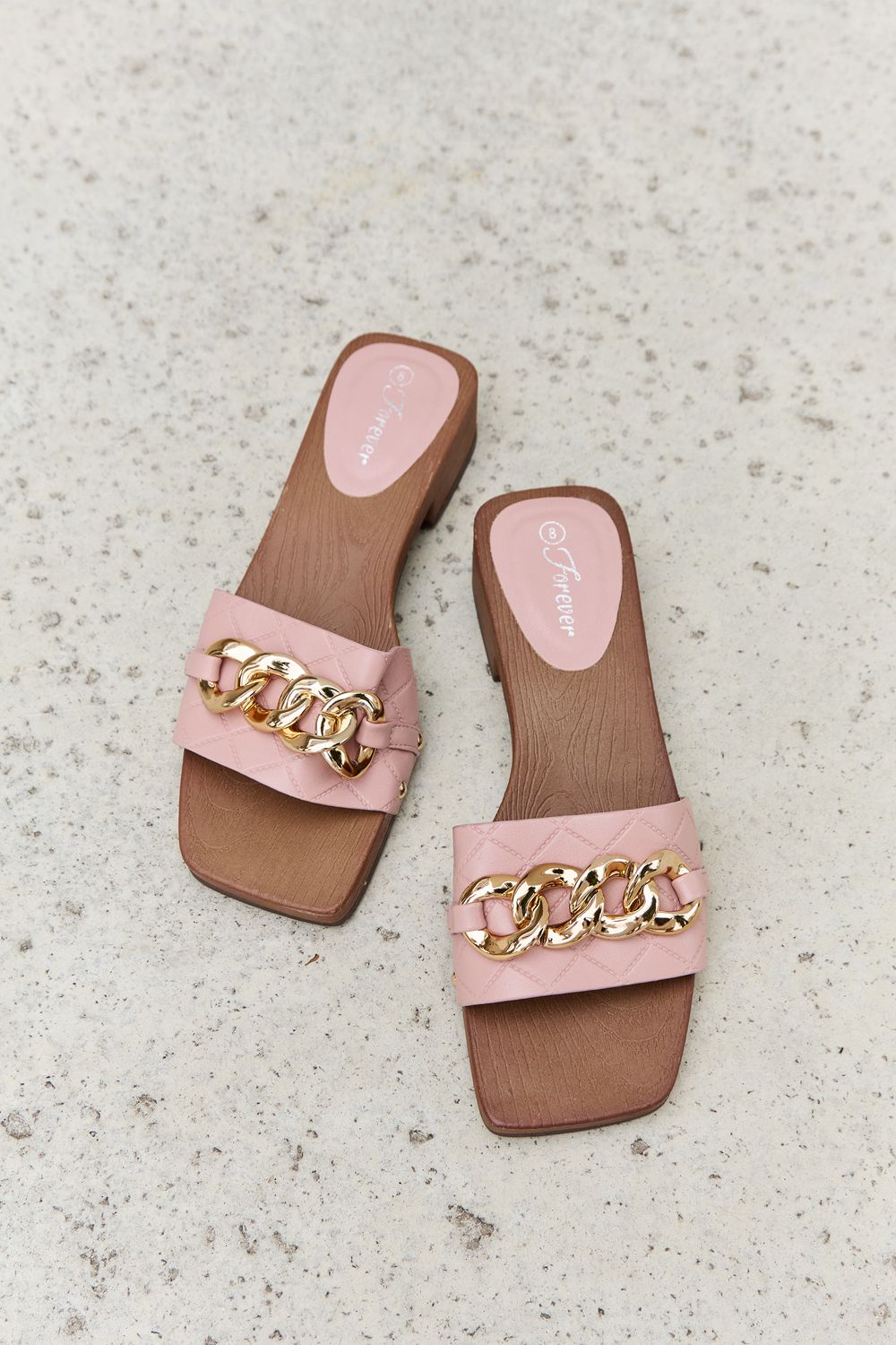 Forever Link Square Toe Gold Tone Chain Detail Clog Slide On Slip In Sandals in Blush