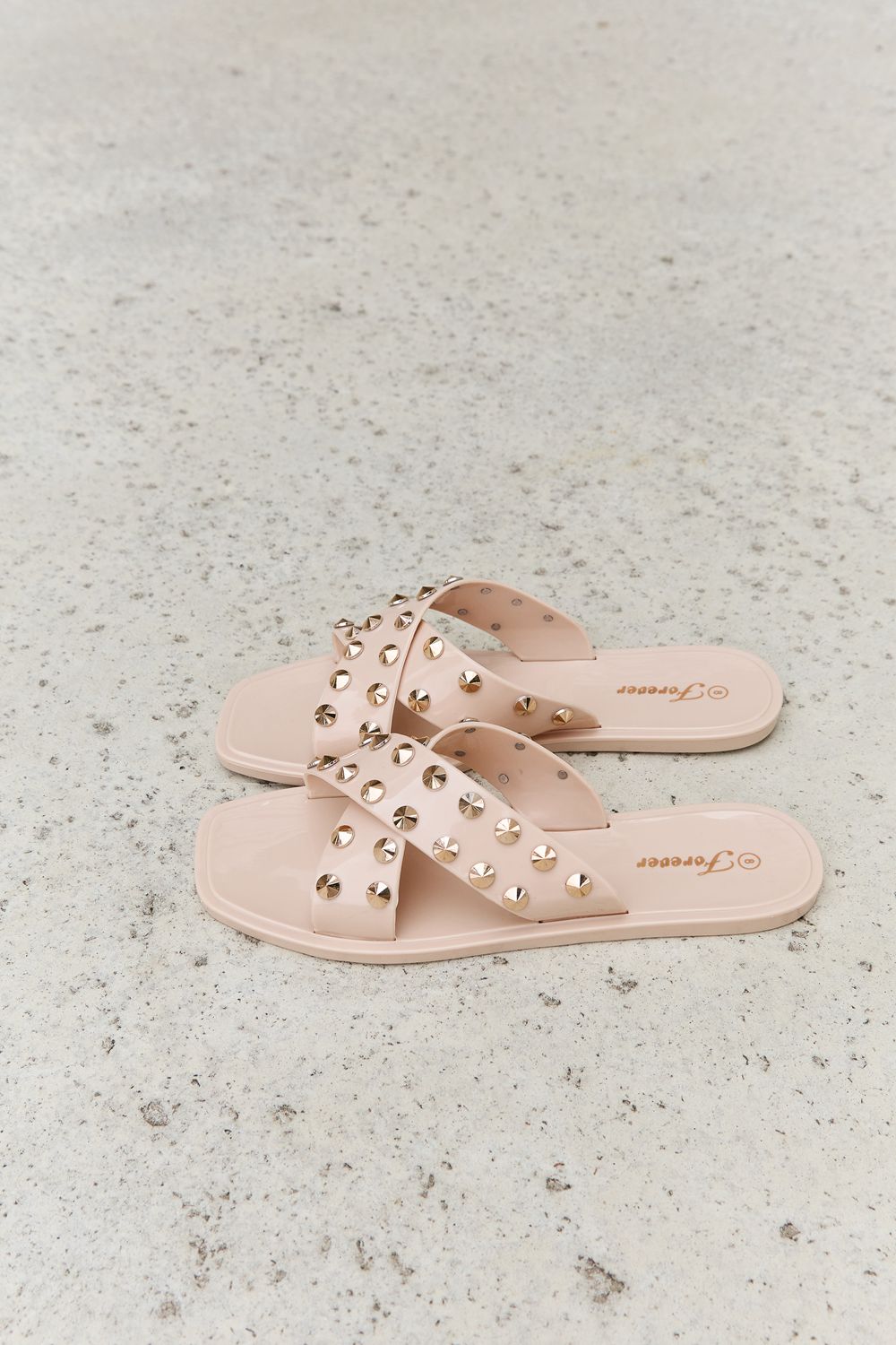 Forever Link Studded Cross Strap Slide On Slip In Flat Sandals in Light Apricot Color
