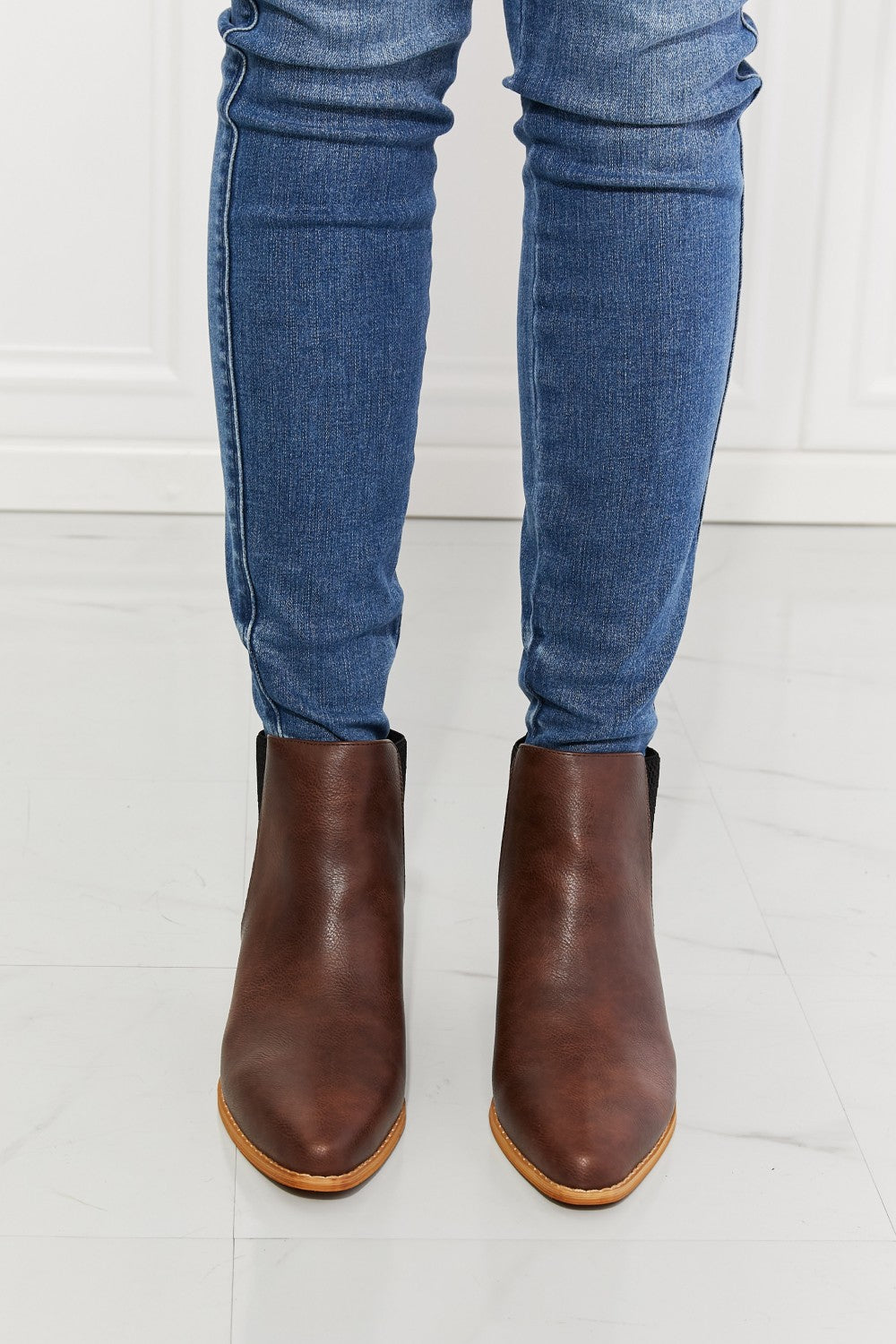 MMShoes Cowboy Style Point Toe Ankle Bootie Boots Stacked Heel in Chocolate Back At It