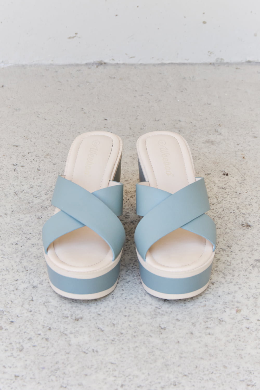 Weeboo Contrast Platform Slide On Slip In Cross Strap Thick Sole High Heel Sandals in Misty Blue