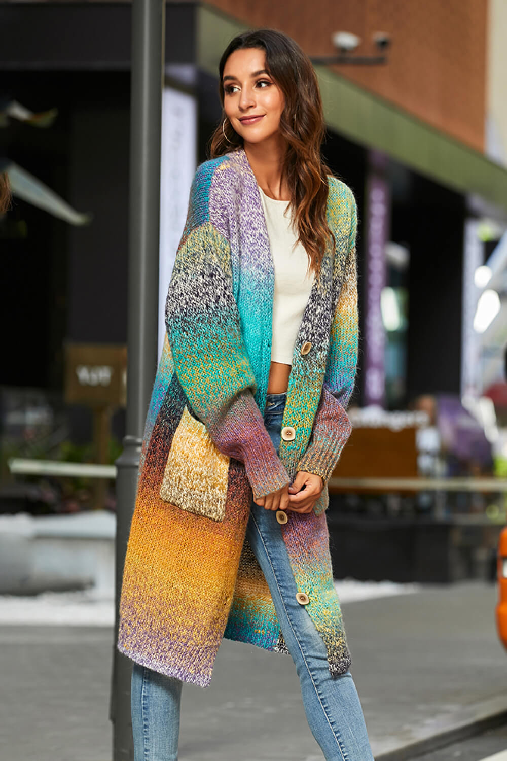CGYY Gradient Multicolored Rainbow Button Down Duster Knit Cardigan with Pockets
