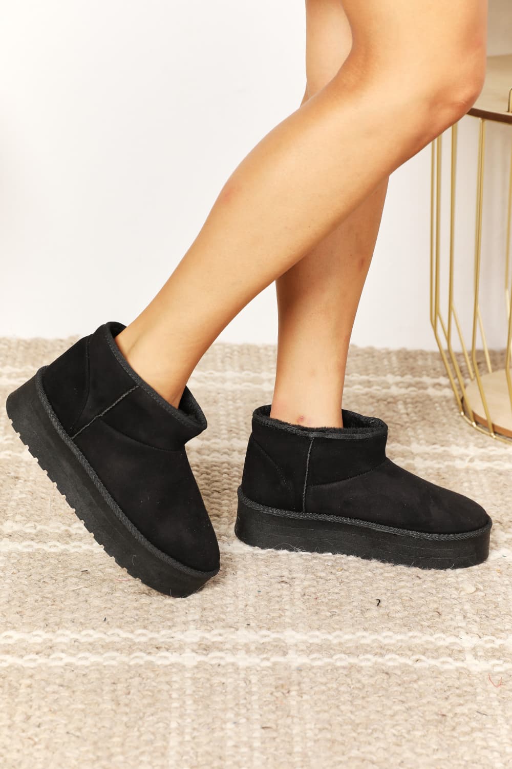 Legend Fleece Lined Platform Chunky Thick Sole Mini Ankle Black Bootie Boots
