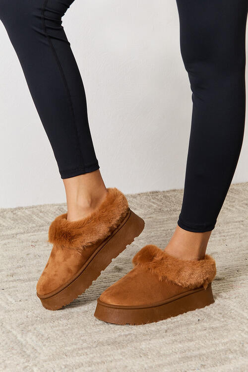 Legend Furry Accented Platform Chunky Thick Sole Camel Tan Ankle Boots