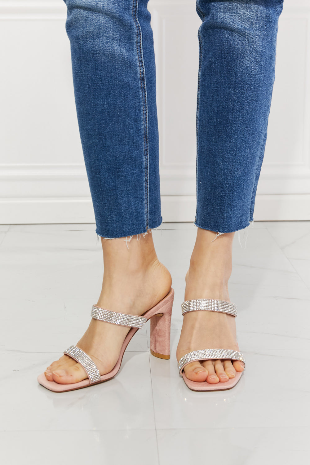 MMShoes Rhinestone Block High Heel Slide On Double Band Sandal in Dusty Pink Rose Leave A Little Sparkle
