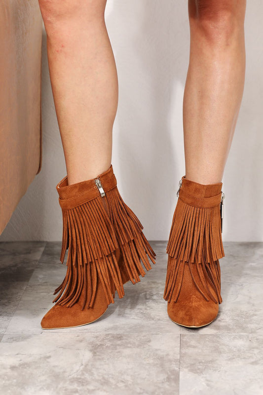 Legend Fringe Tassel Pointy Toe Wedge Heel Ankle Booties Ochre Brown Clay Boots