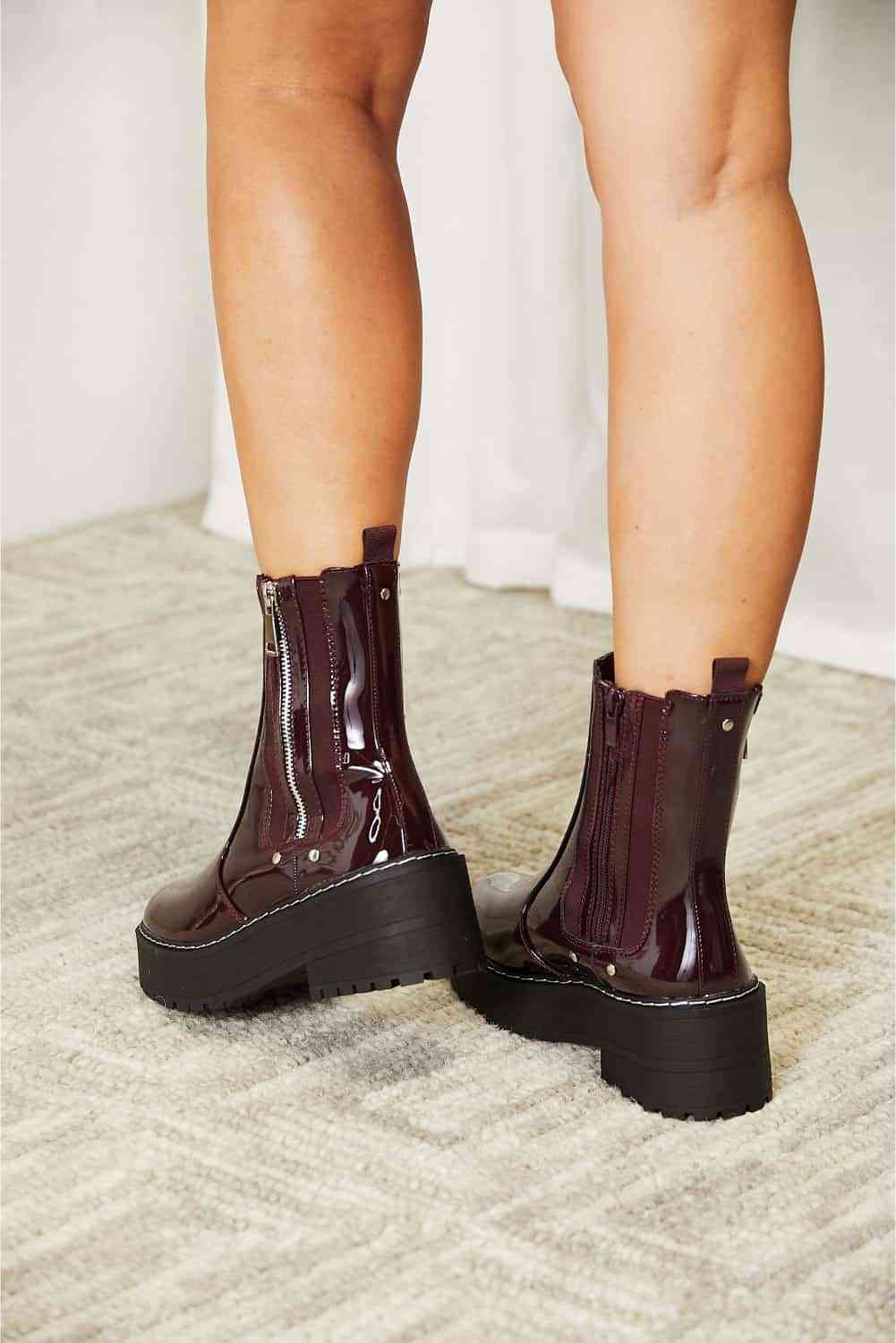 Forever Link Side Zipper Shiny Faux Patent Wine Burgundy Platform Chunky Thick Sole Ankle Moto Boots