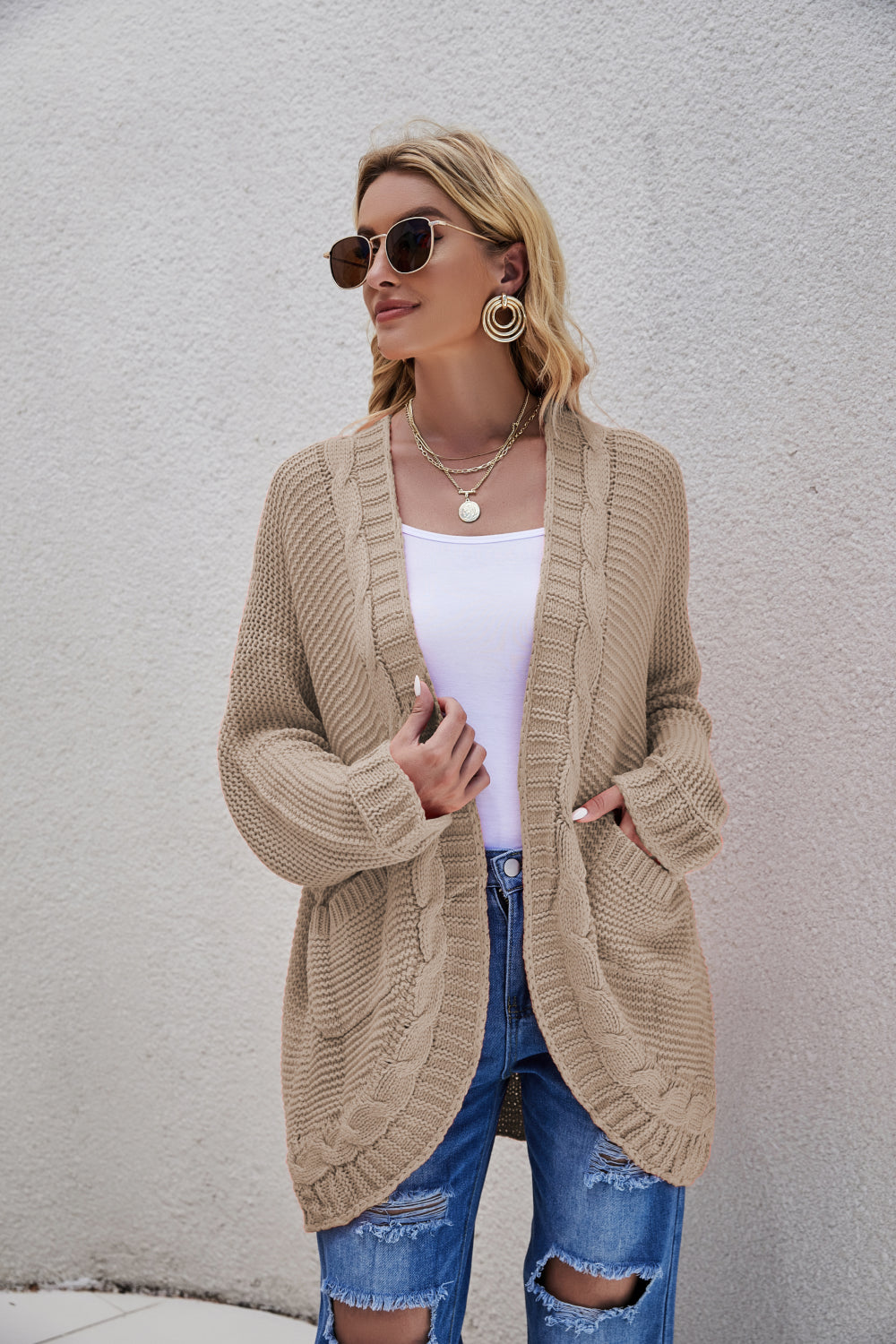White Label Cable-Knit Curved Hem Open Front Cardigan Sweater Ribbed Trim in Various Colors