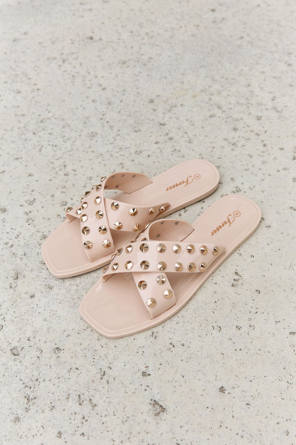 Forever Link Studded Cross Strap Slide On Slip In Flat Sandals in Light Apricot Color