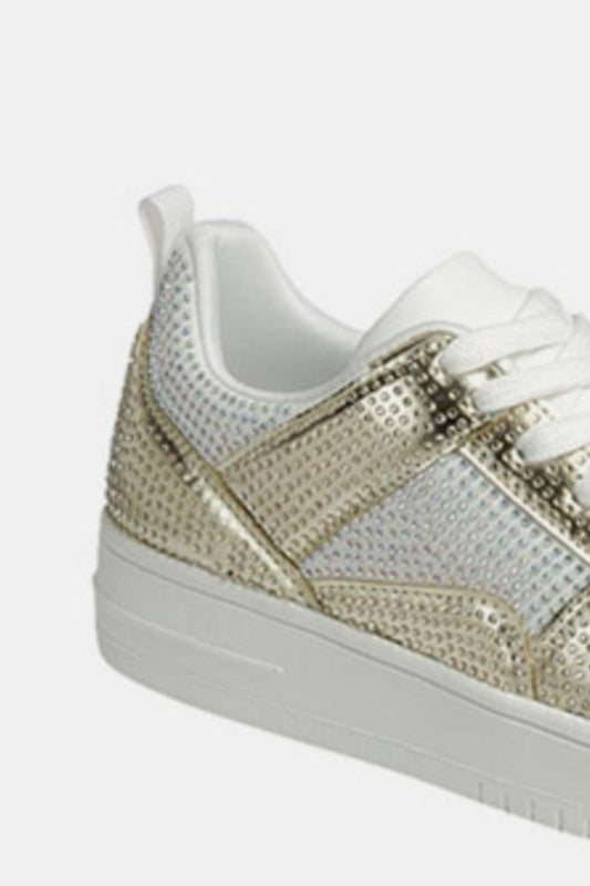 Forever Link Rhinestone Bedazzled Gold & White Low Top Platform Flat Sneakers