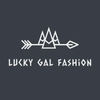Minimalist sign with 3 mountains and an arrow going through the mountains. The company name Lucky Gal Fashion is beneath the icon. This is a online clothing, shoes, and accessories store for women. Icon has gray background and images in white., 