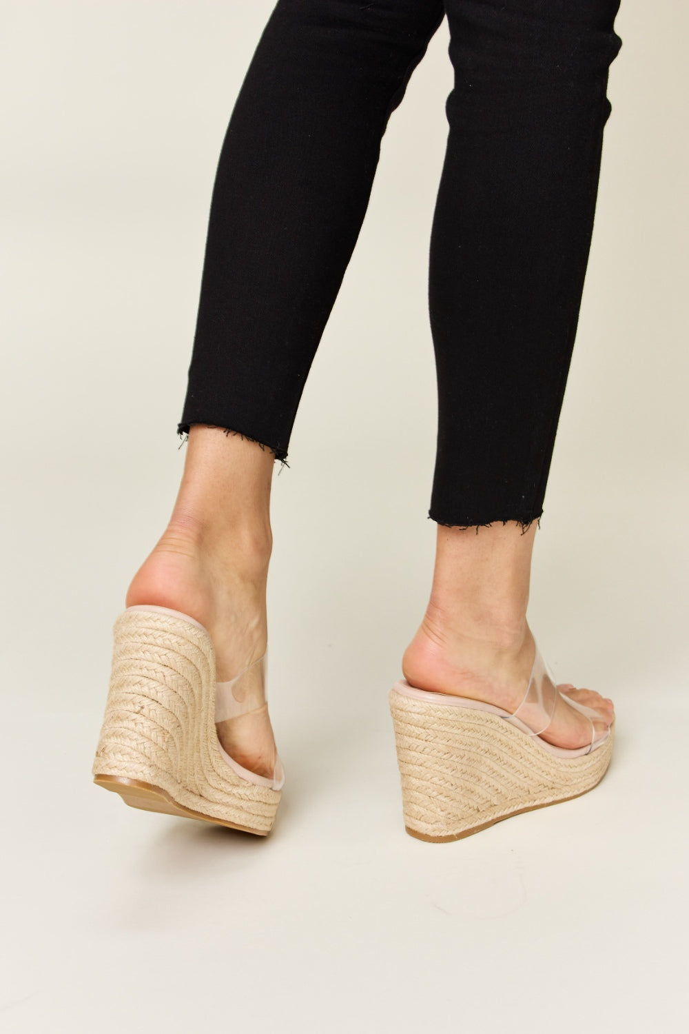Forever Link Clear Strap Espadrille Nude Color Platform Wedge Tall Sandals
