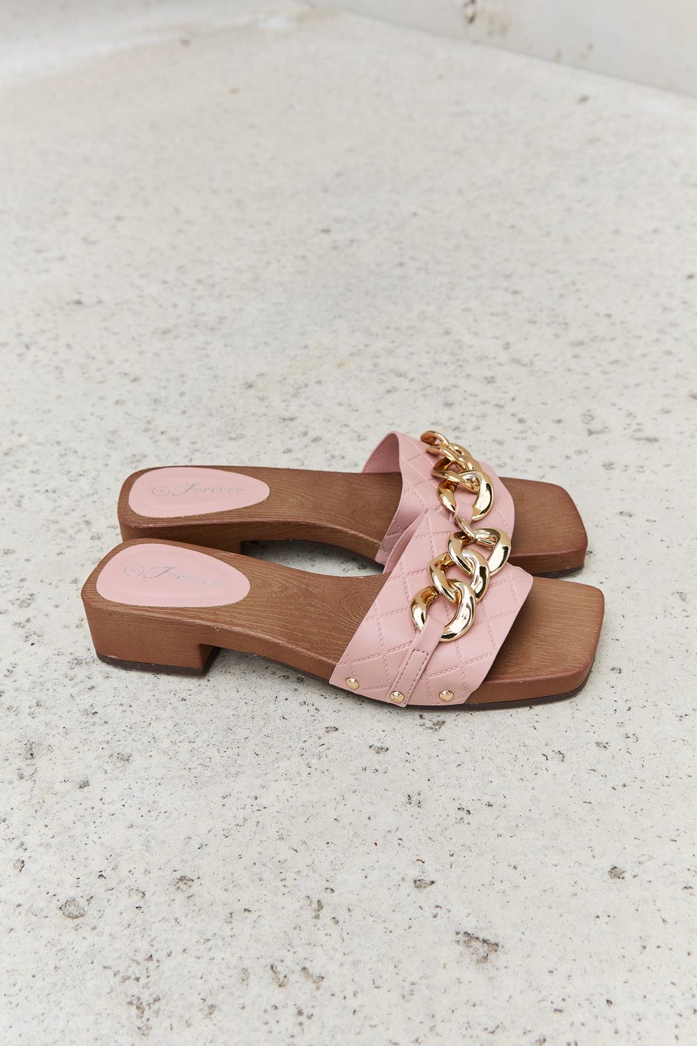 Forever Link Square Toe Gold Tone Chain Detail Clog Slide On Slip In Sandals in Blush