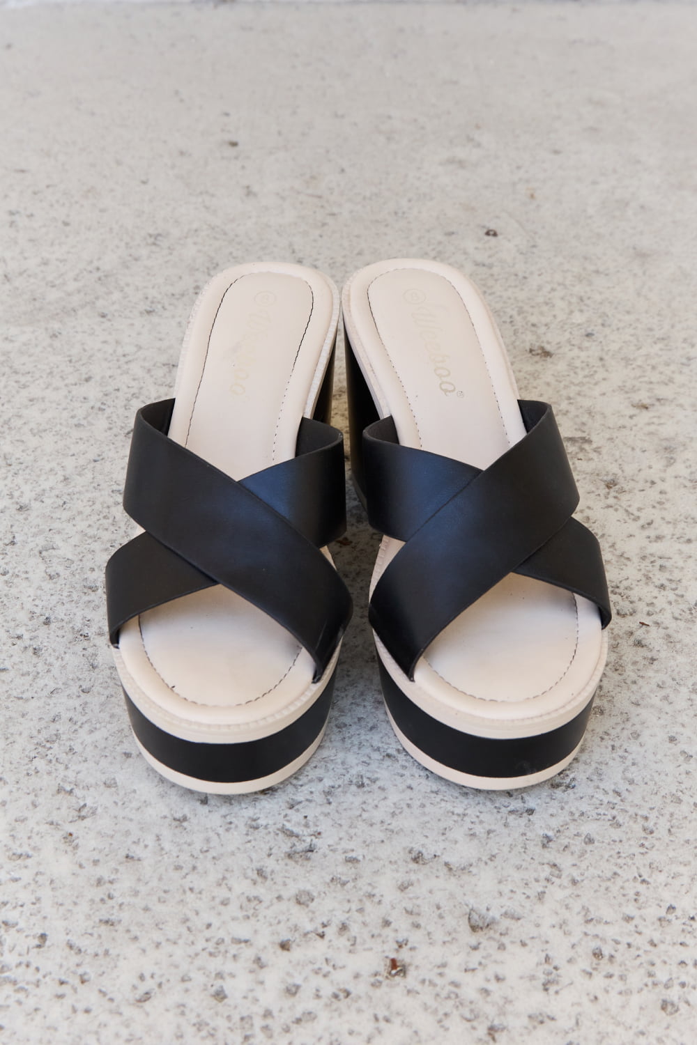 Weeboo Contrast Platform Cross Strap High Heel Slide On Slip In Thick Sole Sandals in Black