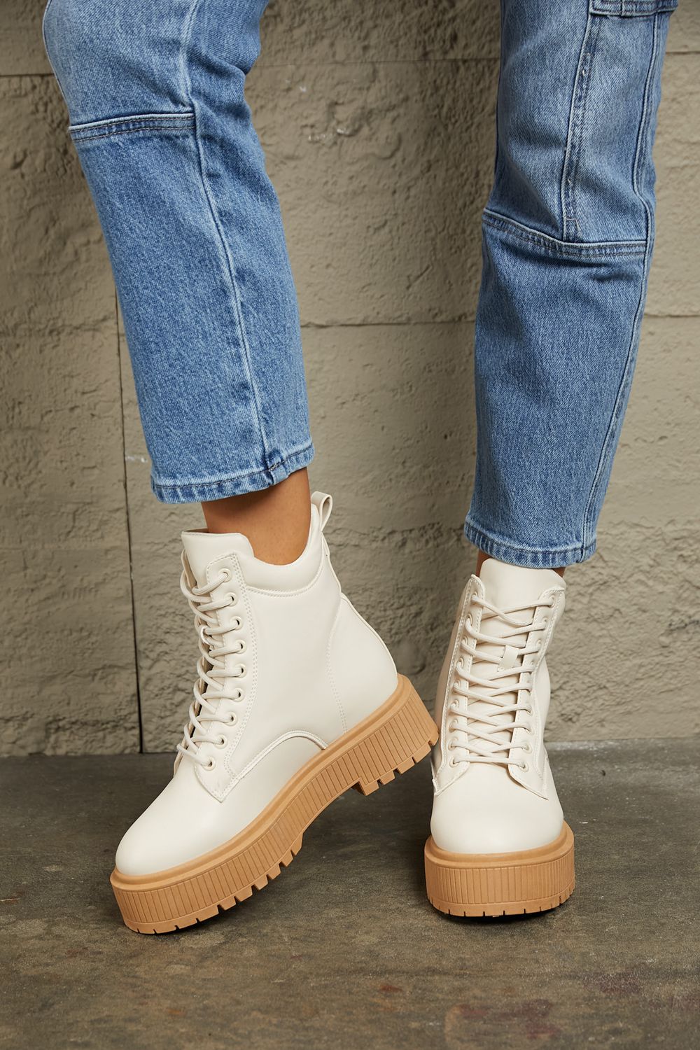East Lion Corp Platform High Top Ivory White Chunky Sole Thick Lace Up Combat Boots