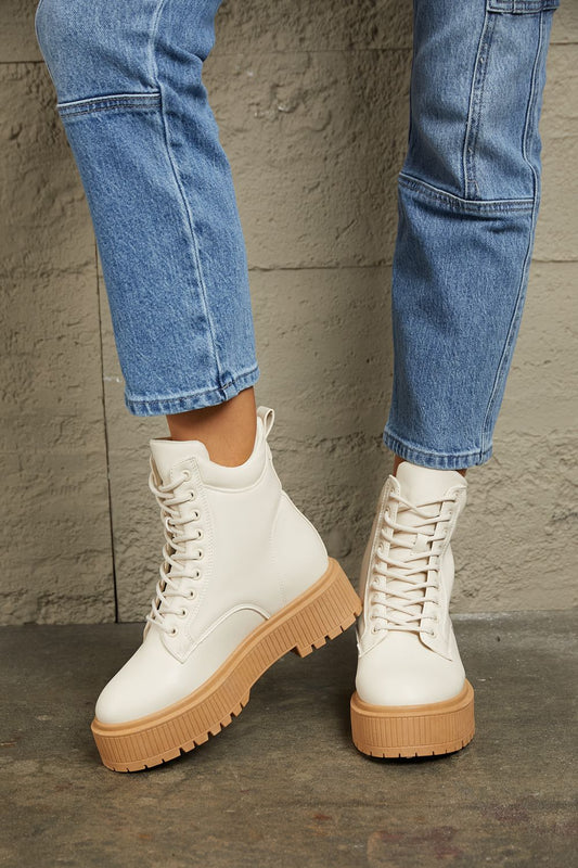 East Lion Corp Platform High Top Ivory White Chunky Sole Thick Lace Up Combat Boots