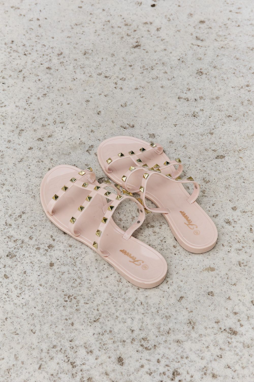 Forever Link Studded Cage Strap Slide On Slip In Flat Jelly Sandal in Light Apricot