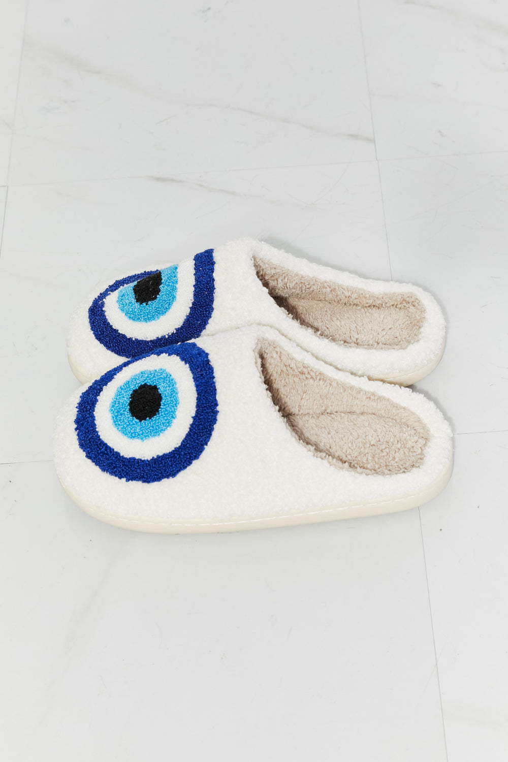 MMShoes Evil Eye Teddy Bear Fuzzy Plush Slide On Blue and White Comfy Slippers