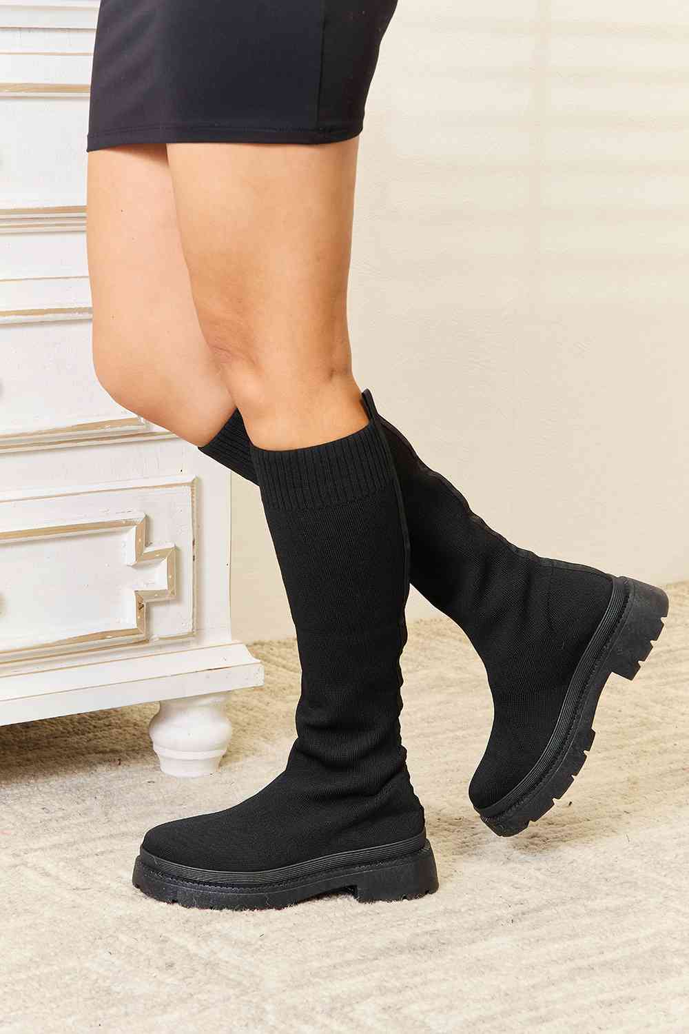 WILD DIVA Knee High Platform Chunky Thick Sole Sock Black Boots