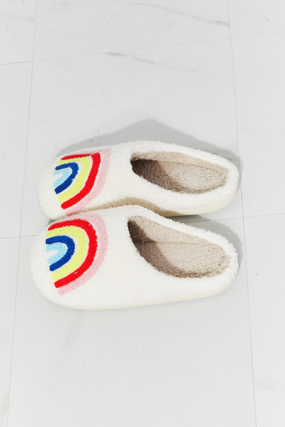 MMShoes Rainbow Fuzzy Teddy Bear Plush Slide On Comfy Slippers Multicolor on White