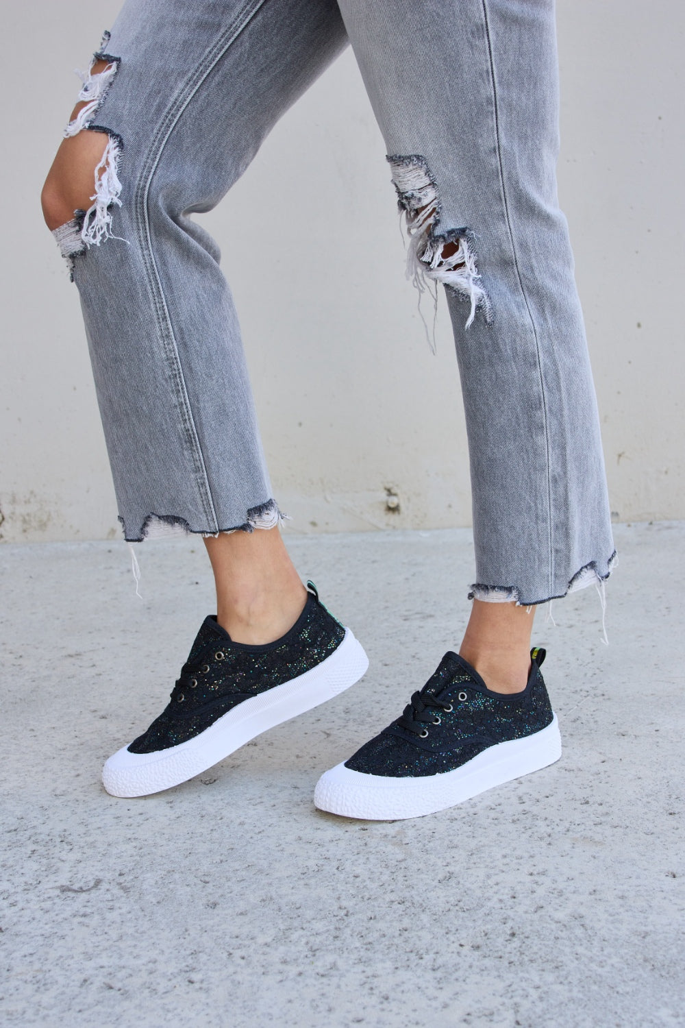 Forever Link Sequin Lace-Up Platform Chunky Thick Sole Low Top Black Sneakers