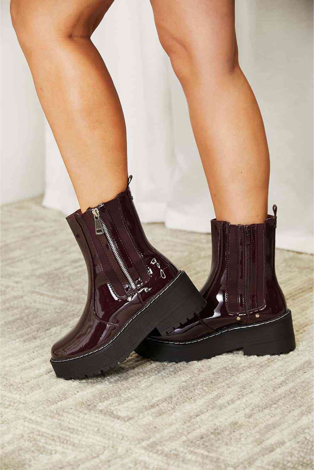 Forever Link Side Zipper Shiny Faux Patent Wine Burgundy Platform Chunky  Thick Sole Ankle Moto Boots