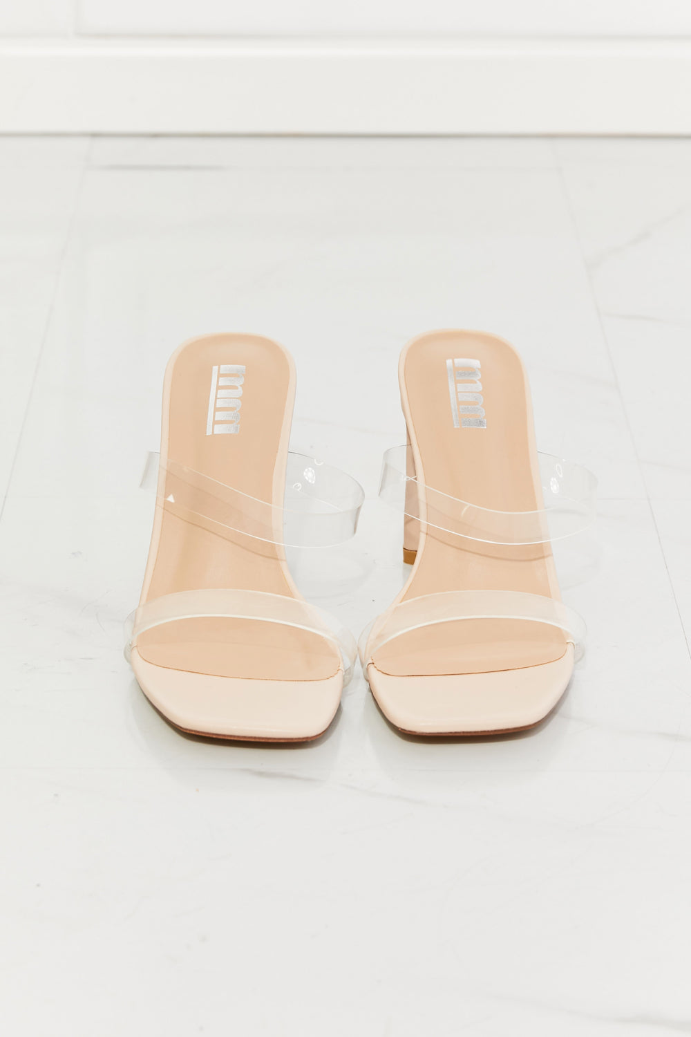 MMShoes Transparent Clear Double Band High Heeled Open Toe Slide On Sandals in Beige