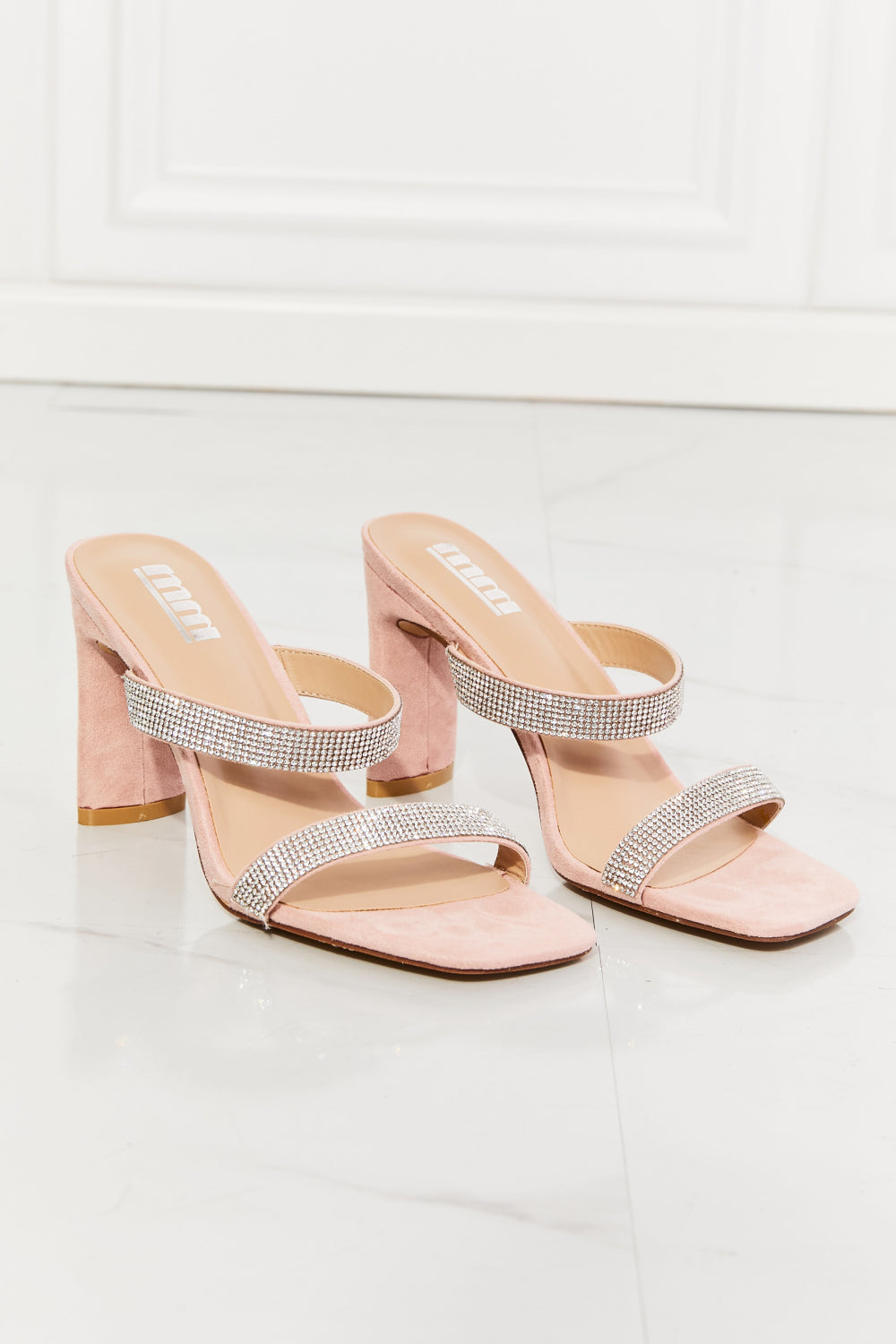 MMShoes Rhinestone Block High Heel Slide On Double Band Sandal in Dusty Pink Rose Leave A Little Sparkle