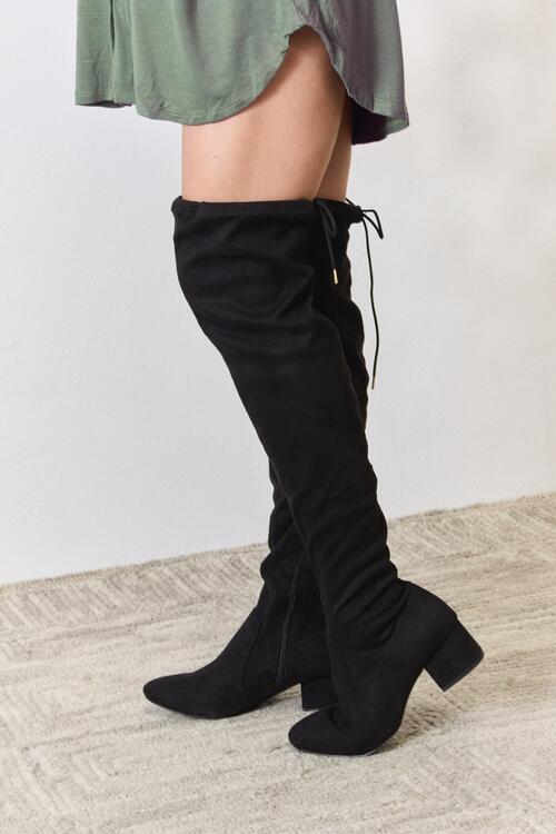 East Lion Corp Over The Knee Black Faux Suede Lace Up Back Comfy Boots
