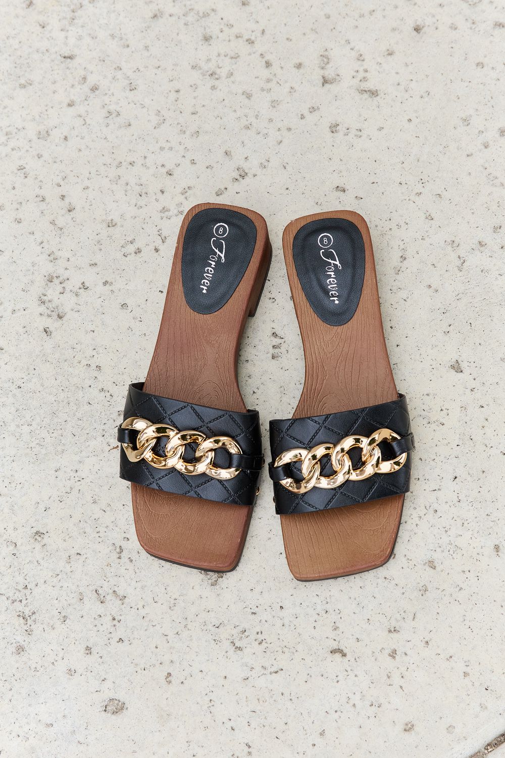 Forever Link Square Toe Gold Tone Chain Detail Clog Slide On Slip In Sandals in Black