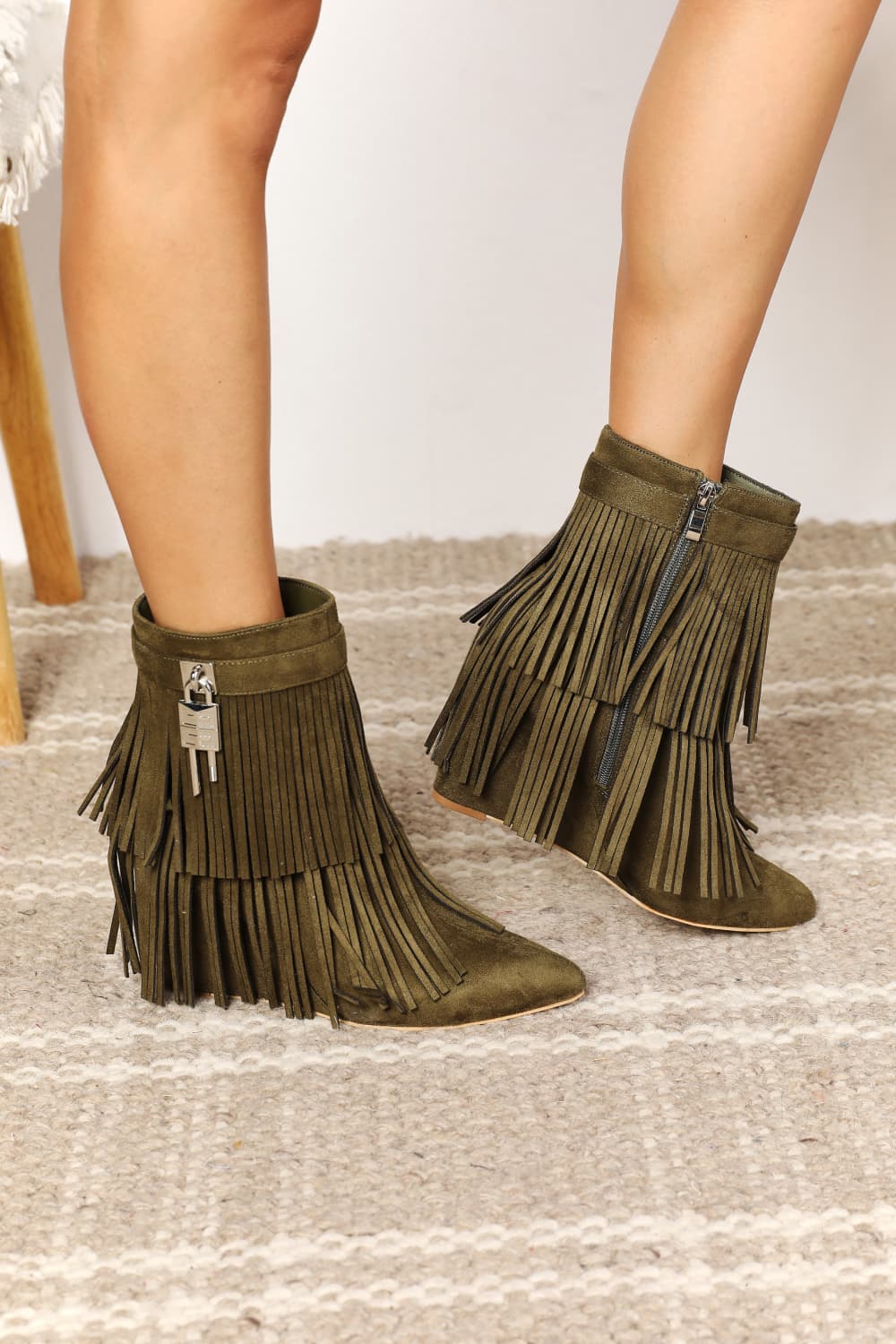 Legend Fringed Wedge Heel Pointy Toe Olive Green Ankle Booties Boots