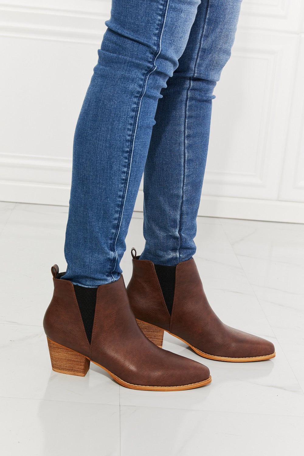 MMShoes Cowboy Style Point Toe Ankle Bootie Boots Stacked Heel in Chocolate Back At It