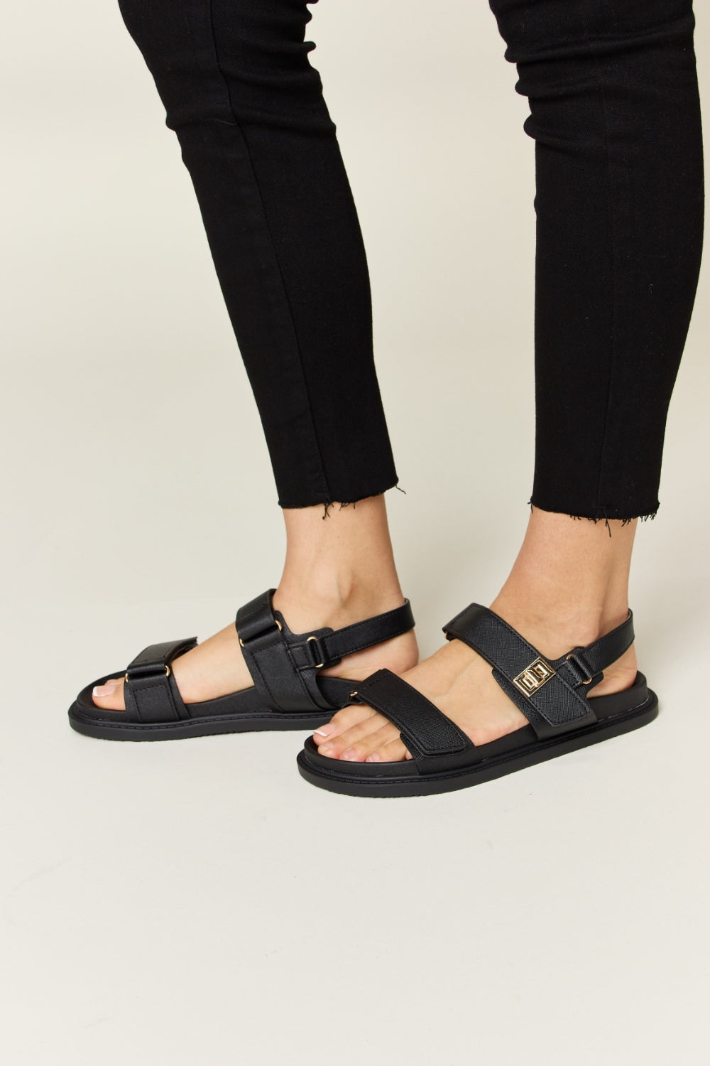 WILD DIVA Velcro Double Buckle Strap Slingback Ankle Strap Black Flat Sandals