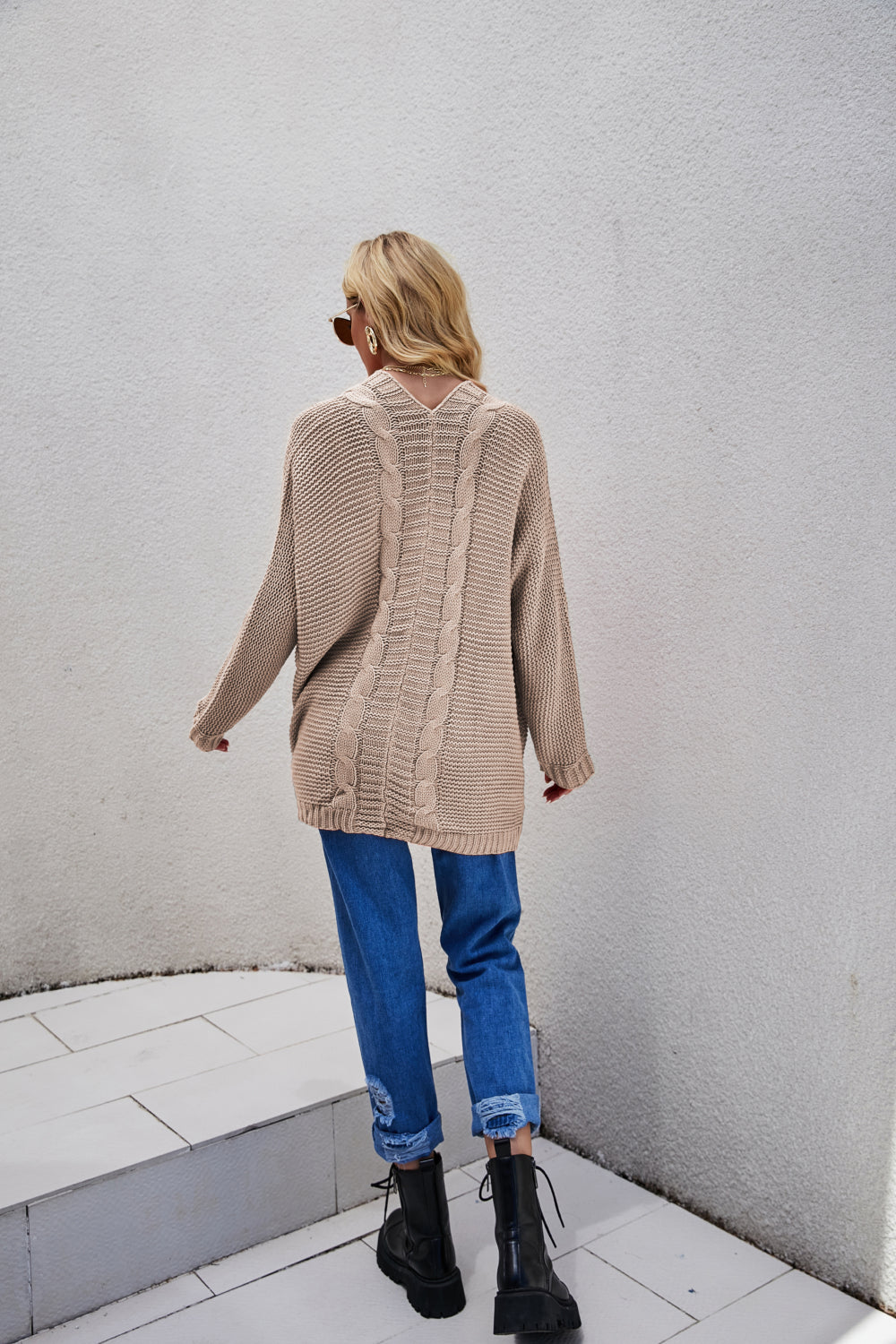 White Label Cable-Knit Curved Hem Open Front Cardigan Sweater Ribbed Trim in Various Colors