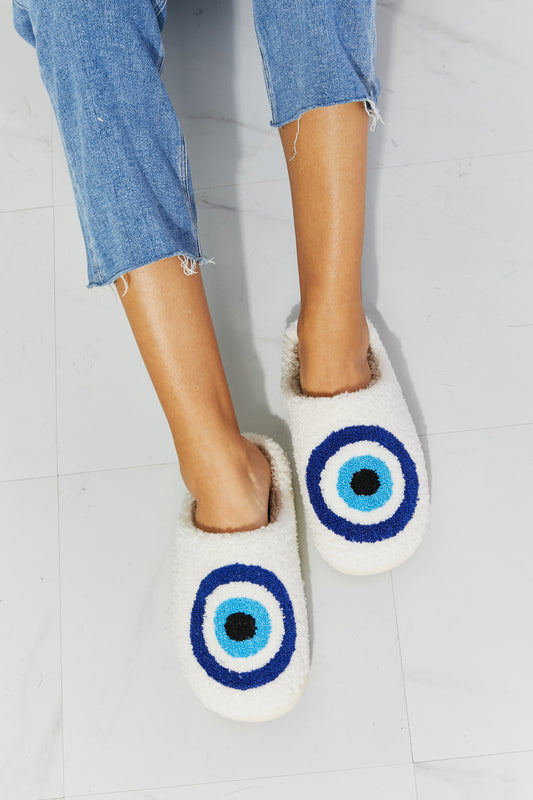 MMShoes Evil Eye Teddy Bear Fuzzy Plush Slide On Blue and White Comfy Slippers